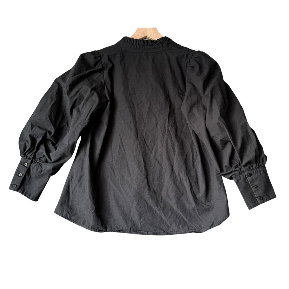 Zara 100% Cotton Balloon Sleeve Ruffle Neck Blouse XS Black V-Neck Puff Sleeve - Picture 6 of 8